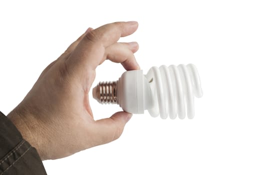 Energy saving lamp in the man's hand on white background closeup. With clipping path