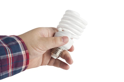 Energy saving lamp in the man's hand on white background closeup