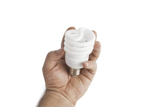 Energy saving lamp in the man's hand on white background closeup