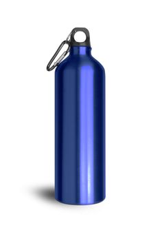 Metallic blue water bottle with a carabiner attached to the top isolated on white background. With clipping path.