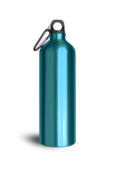 Metallic water bottle with a carabiner attached to the top isolated on white background. Sweet green color. With clipping path.