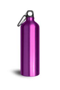 Metallic purple water bottle with a carabiner attached to the top isolated on white background. With clipping path.