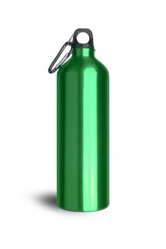 Metallic green water bottle with a carabiner attached to the top isolated on white background. With clipping path.