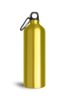 Metallic yellow water bottle with a carabiner attached to the top isolated on white background. With clipping path.