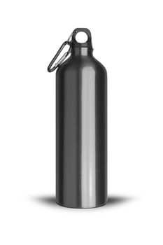 Metallic black water bottle with a carabiner attached to the top isolated on white background. With clipping path.