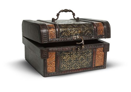 vintage wooden opened chest on white background.  Clipping Path