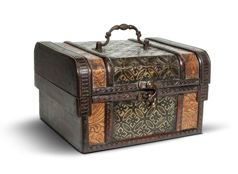 vintage wooden closed chest on white background.  Clipping Path