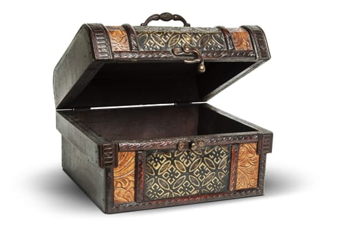 vintage wooden opened chest on white background.  Clipping Path