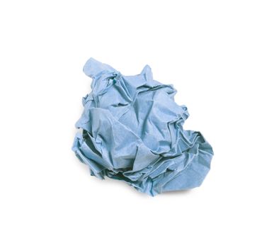 Crumpled blue paper ball isolated over white background. Bluren concept