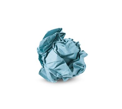 Crumpled blue paper ball isolated over white background. Bluren concept