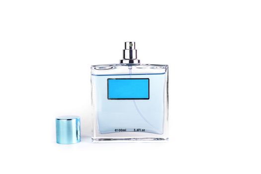 Perfume in beautiful blue color bottle isolated on white background