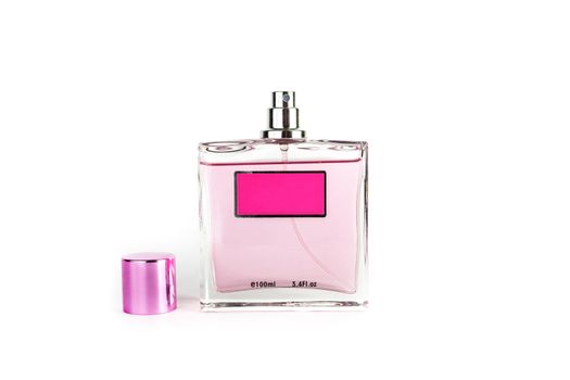 Perfume in beautiful rose color bottle isolated on white background