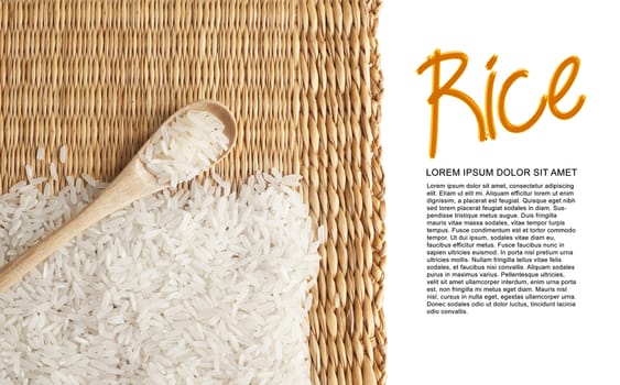 Asian uncooked white rice in a wooden spoon on a background of straw.