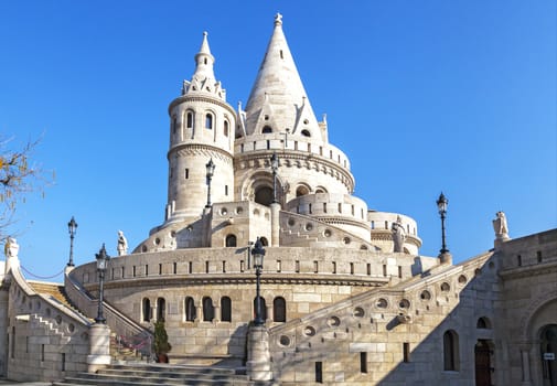 Fishermans Bastion in Budapest, Hungary, on a sunny winter day