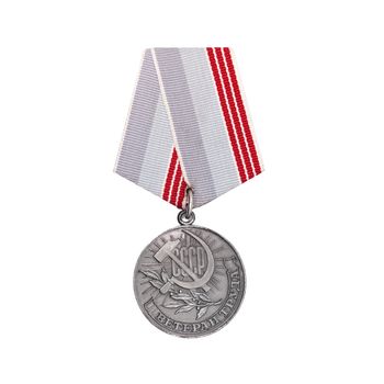 CHISINAU, MOLDOVA - AUGUST 17, 2016: Soviet medal for labor veteran on isolated white background