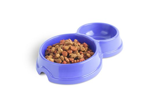 Cat food in bowls isolated on white