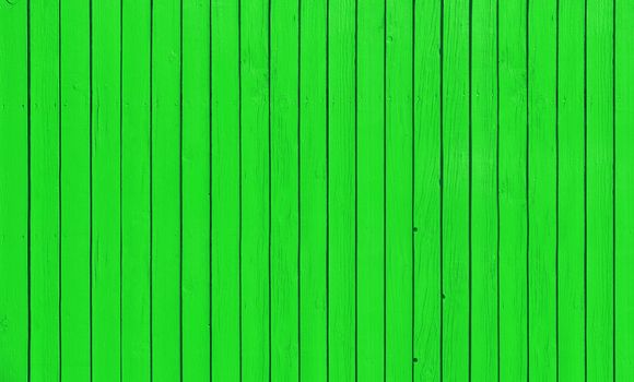 Wooden slat fence with parallel planks with green paint.