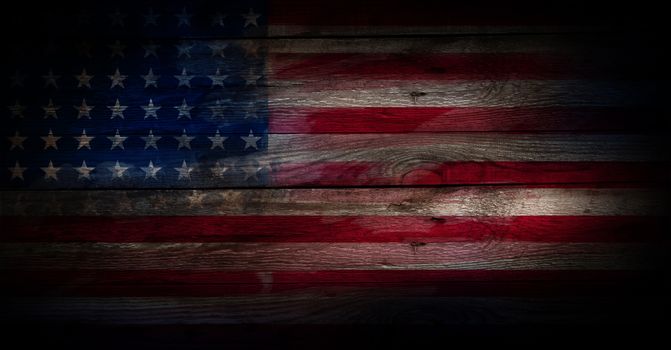 Grunge USA flag on a wood surface