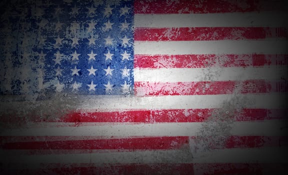 Grunge US flag on stone texture background closeup