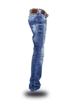 Blue jeans side view with belt, teenager. Isolated. With clipping path