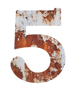 Old rusty metal alphabet, text 5, isolated over the white background. With clipping path