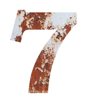 Old rusty metal alphabet, text 7, isolated over the white background. With clipping path