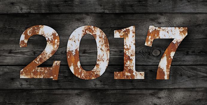 Old rusty metal alphabet, text 6 on Wooden Background nails.
