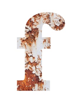 Old rusty metal alphabet, text f, isolated over the white background