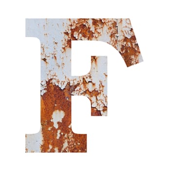 Old rusty metal alphabet, text F. Isolated over the white background