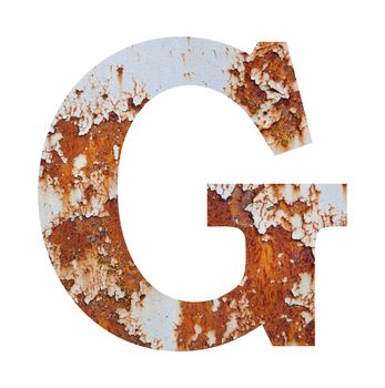 Old rusty metal alphabet, text G. Isolated over the white background