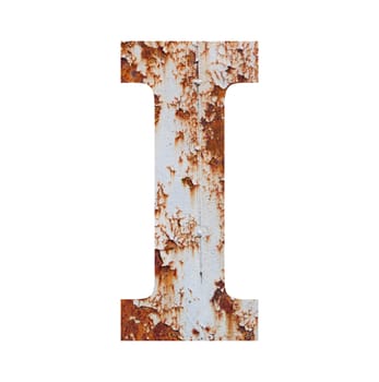 Old rusty metal alphabet, text I. Isolated over the white background