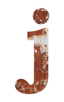 Old rusty metal alphabet, text j, isolated over the white background