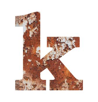 Old rusty metal alphabet, text k, isolated over the white background