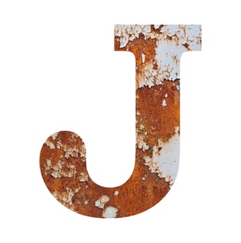 Old rusty metal alphabet, text J. Isolated over the white background