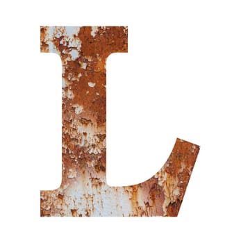 Old rusty metal alphabet, text L. Isolated over the white background