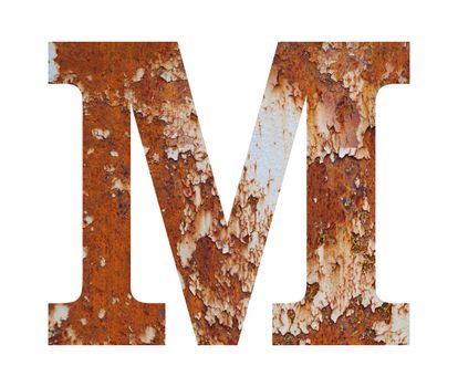 Old rusty metal alphabet, text M. Isolated over the white background