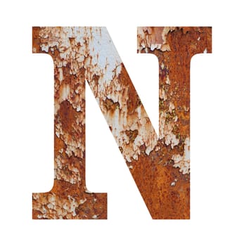 Old rusty metal alphabet, text N. Isolated over the white background