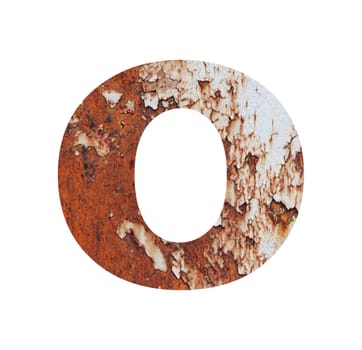 Old rusty metal alphabet, text o, isolated over the white background