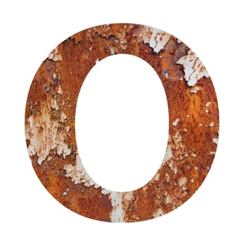 Old rusty metal alphabet, text O. Isolated over the white background