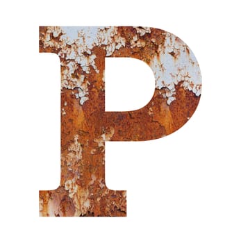 Old rusty metal alphabet, text P. Isolated over the white background