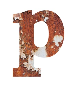 Old rusty metal alphabet, text p, isolated over the white background