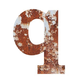 Old rusty metal alphabet, text q, isolated over the white background
