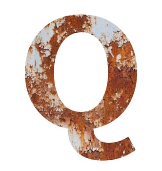 Old rusty metal alphabet, text Q. Isolated over the white background