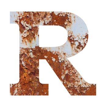 Old rusty metal alphabet, text R. Isolated over the white background