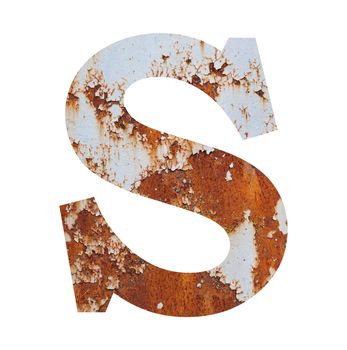 Old rusty metal alphabet, text S. Isolated over the white background