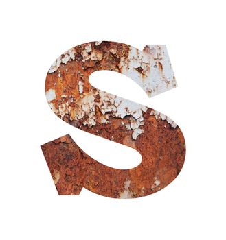Old rusty metal alphabet, text s, isolated over the white background