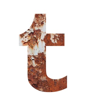 Old rusty metal alphabet, text t, isolated over the white background