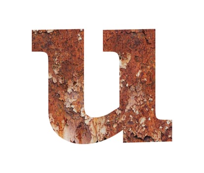 Old rusty metal alphabet, text u, isolated over the white background