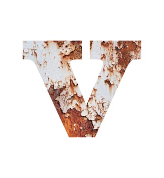 Old rusty metal alphabet, text v, isolated over the white background