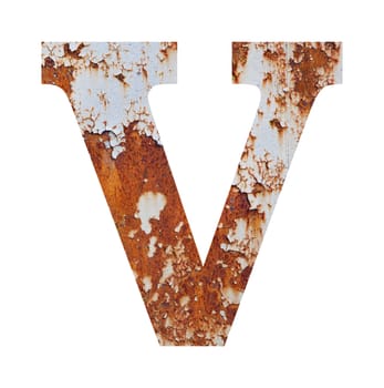 Old rusty metal alphabet, text V. Isolated over the white background